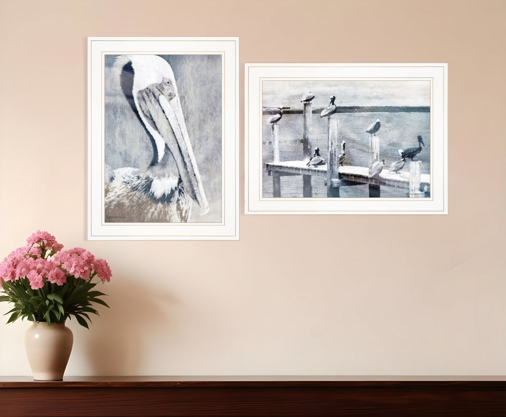 Homeroots Set Of Two Pelican Party White Framed Coastal Wall Art  Paper 407082