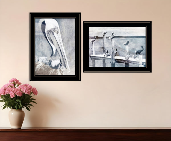 Homeroots Set Of Two Pelican Party Black Framed Coastal Wall Art  Paper 407083