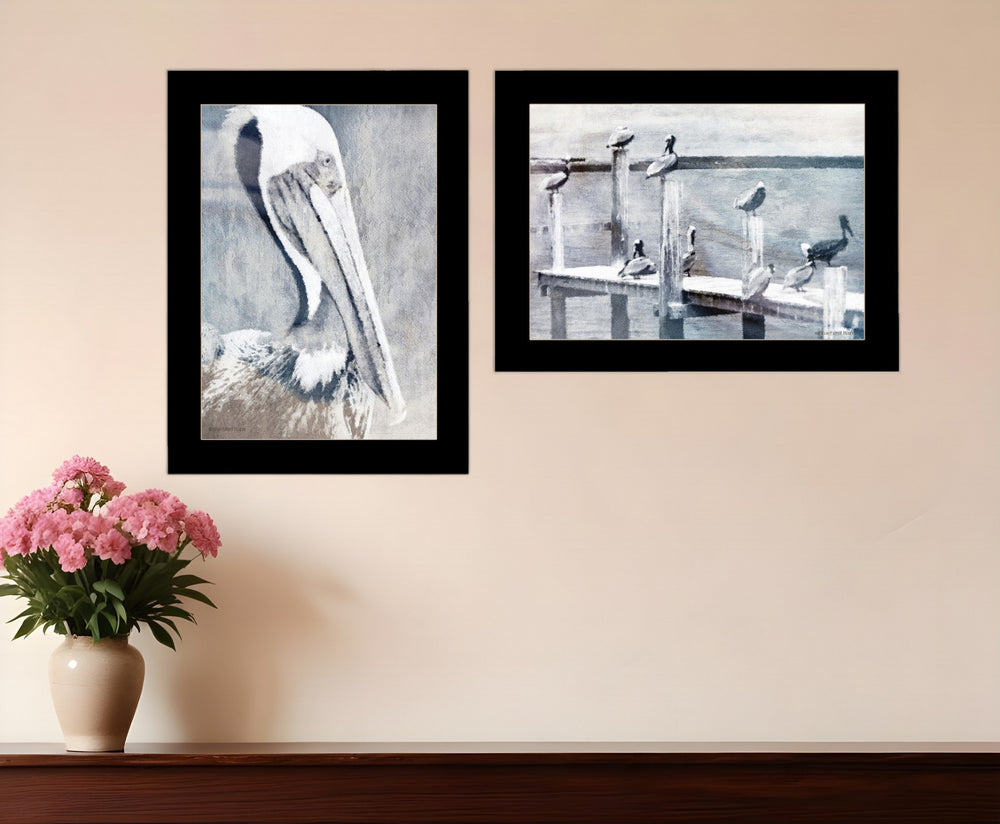 Homeroots Set Of Two Pelican Party Black Framed Coastal Wall Art  Paper 407084