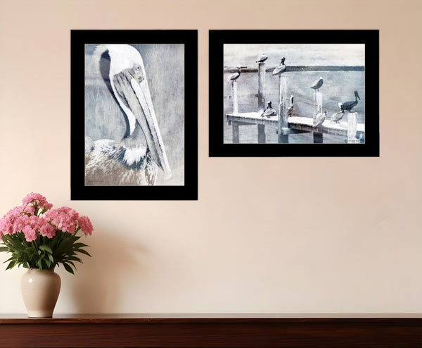 Homeroots Set Of Two Pelican Party Black Framed Coastal Wall Art  Paper 407084