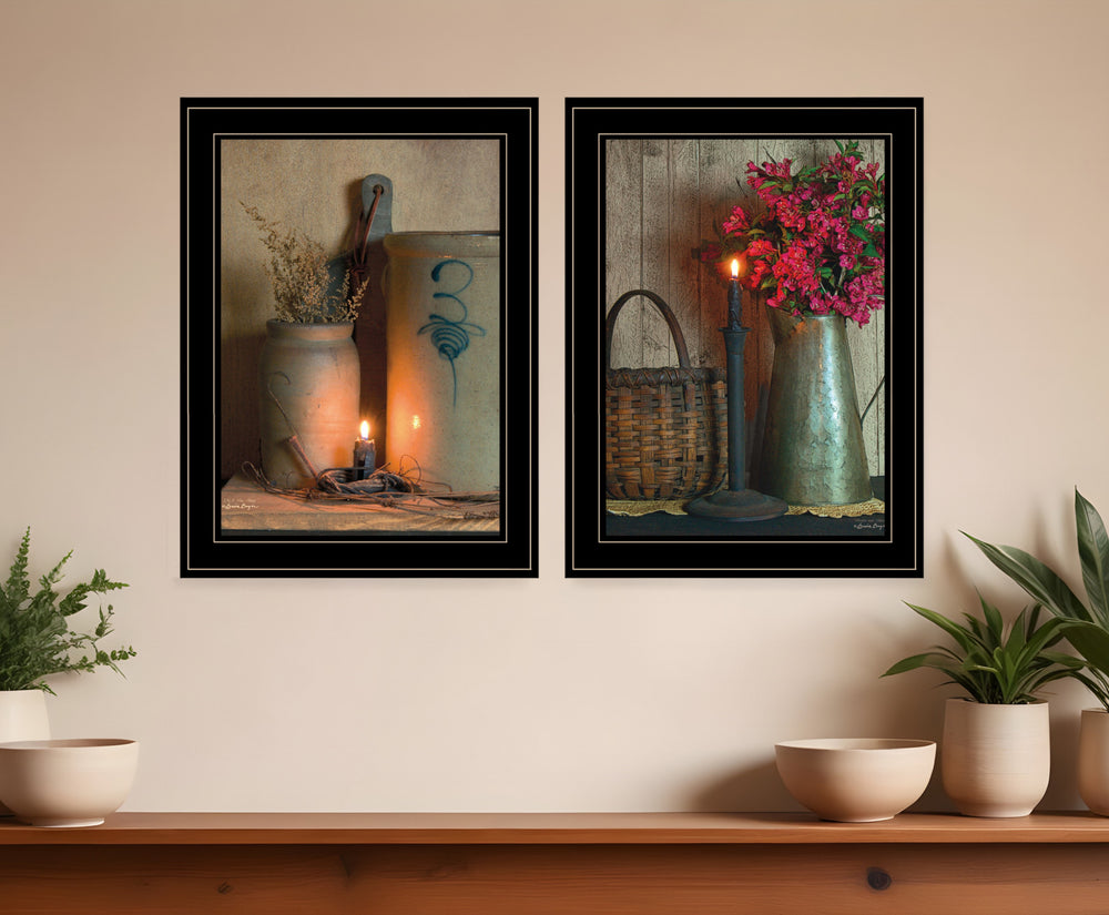 Homeroots Set Of Two Country Candlelight Black Framed Print Wall Art  Paper 407086