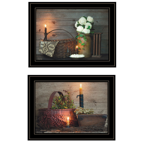 Homeroots Set Of Two Baskets And Flowers Black Framed Print Wall Art  Paper 407089