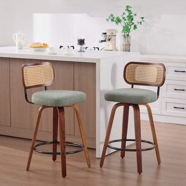English Elm Set of 2 Swivel Counter Stools Walnut Frame Rattan Back Linen Seat Kitchen Island Light Green W1143P392172