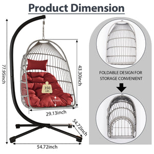 English Elm Foldable Hanging Egg Chair with Stand Pillow, HDPE Wicker, Rust‑Resistant Frame, Cushioned Headrest, 350lb Capacity Red W2500P369714