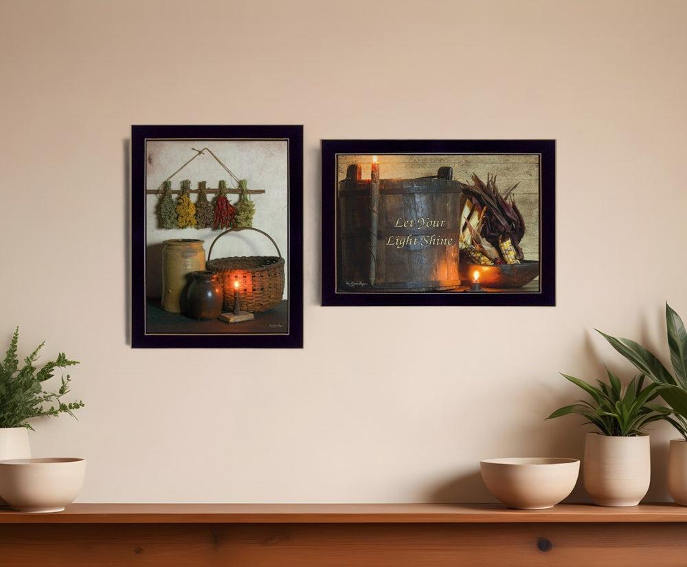 HomeRoots Set Of Two Modern Black Framed Prints - "Let Your Light Shine" Typography Wall Art Décor! 407105