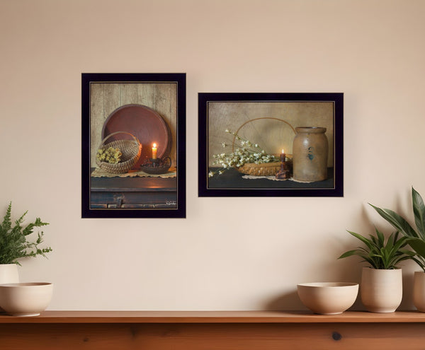 HomeRoots Set of Two Elegant Candlelight and Floral Black Framed Prints for Stylish Home Décor & Focal Points 407120