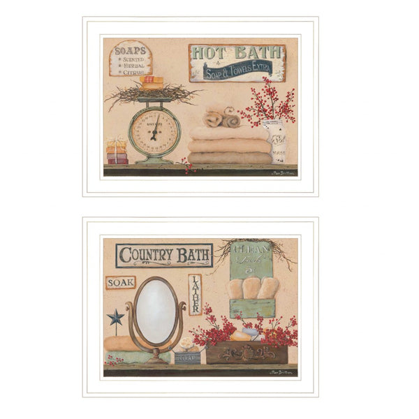 HomeRoots Set of Two Country Bath III White Framed Prints - Farmhouse Wall Art for Bathroom & Hallway Decor 407127