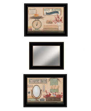 Homeroots Set Of Three Wash Room Black Rim Frame Bathroom Wall Art With Mirror  Paper 407131