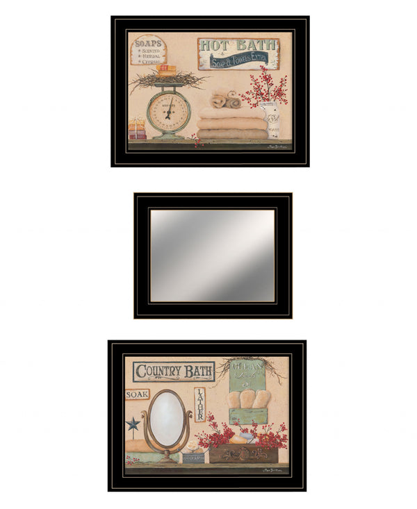 Homeroots Set Of Three Wash Room Black Rim Frame Bathroom Wall Art With Mirror  Paper 407131