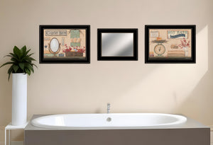 Homeroots Set Of Three Wash Room Black Rim Frame Bathroom Wall Art With Mirror  Paper 407131