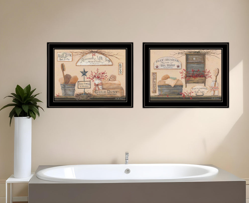 Homeroots Set Of Two Wash Room 2 Black Framed Print Bathroom Wall Art  Paper 407137