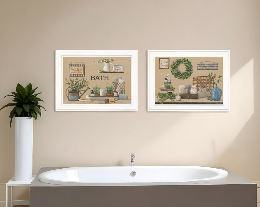 HomeRoots Set of Two Minimalist White Framed Bathroom Art Prints - Elevate Your Spa-Like Decor Today! 407154