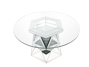 English Elm Noralie Mirrored & Faux Diamond Round Dining Table with 12mm Tempered Glass Top, Silver Elegance B2726S00289