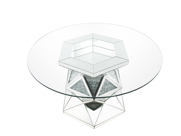 English Elm Noralie Mirrored & Faux Diamond Round Dining Table with 12mm Tempered Glass Top, Silver Elegance B2726S00289