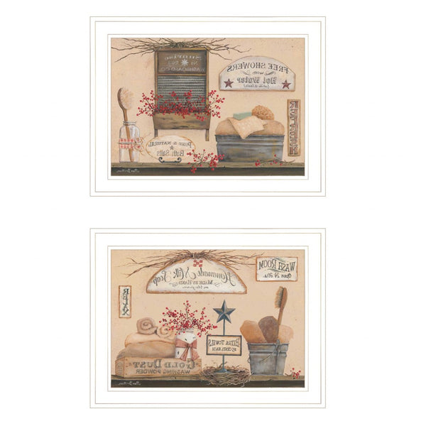 HomeRoots Set of Two Stylish White Framed Prints for Bathroom Wall Art - Modern Decor for Any Space 407169