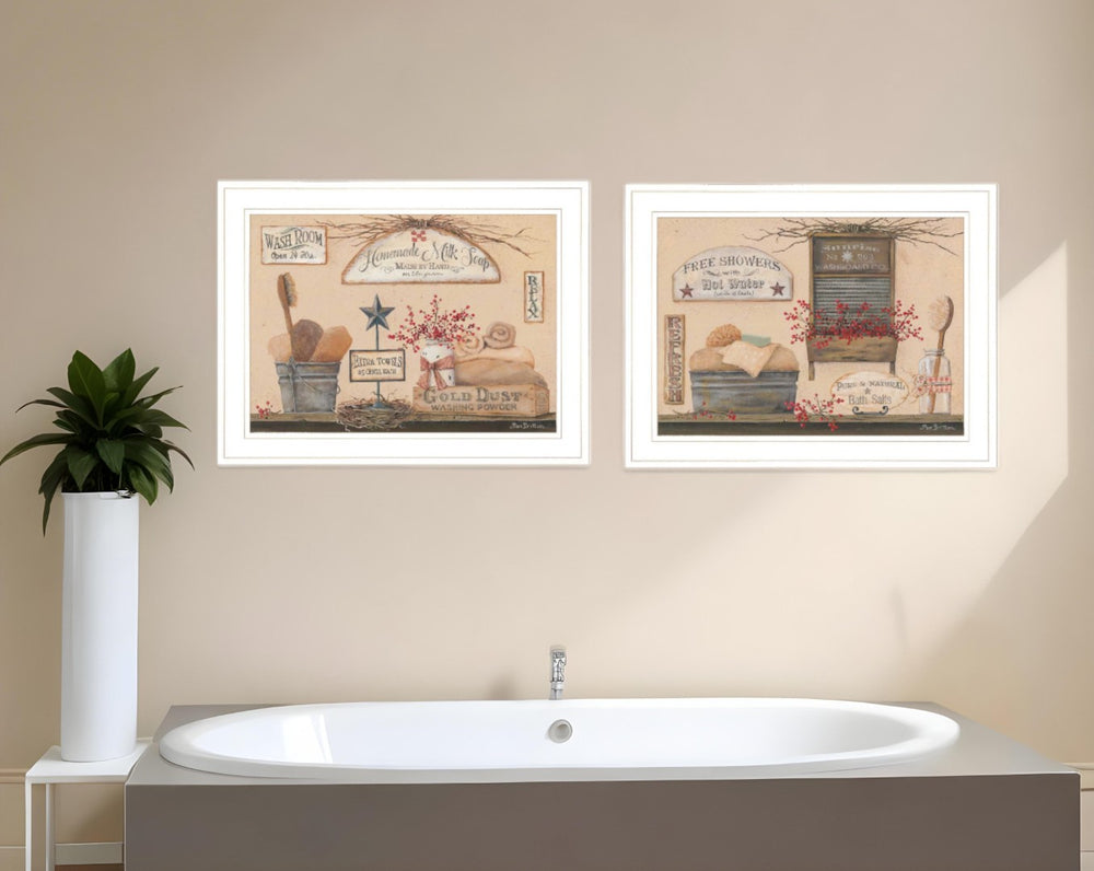 HomeRoots Set of Two Stylish White Framed Prints for Bathroom Wall Art - Modern Decor for Any Space 407169