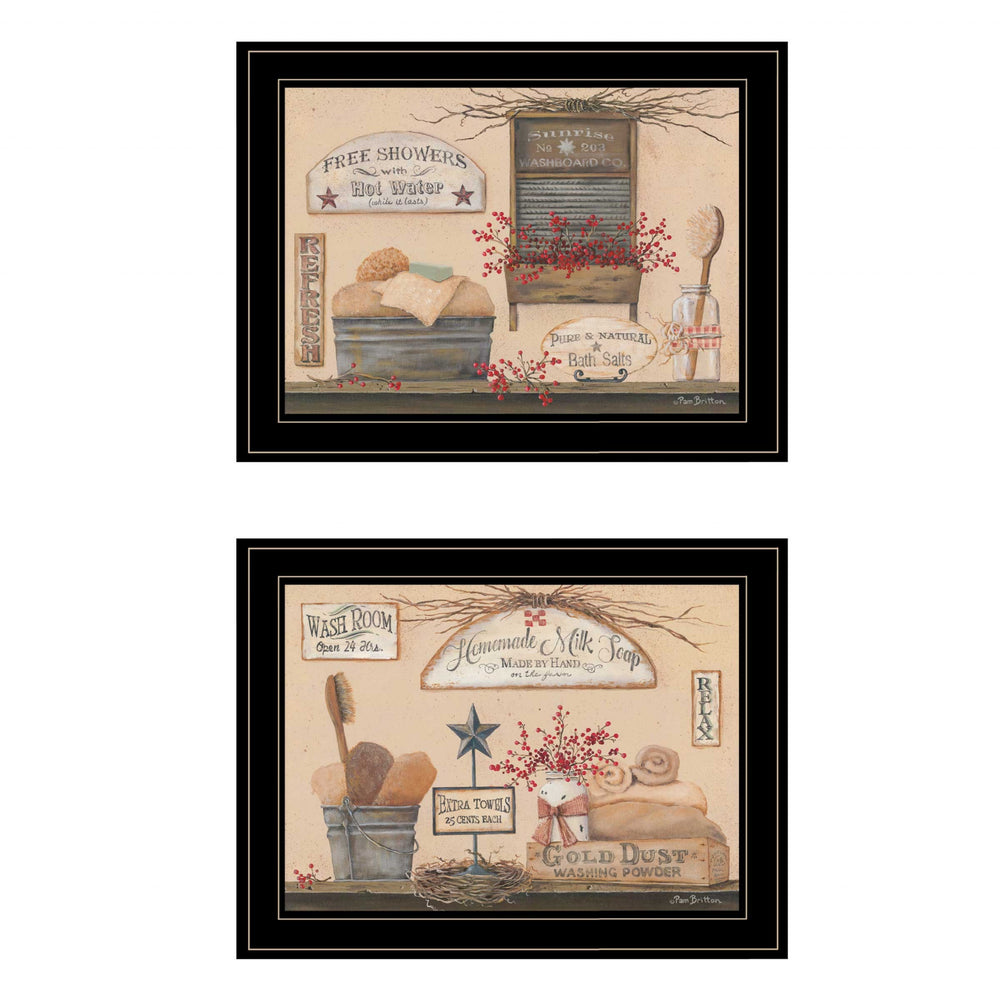 Homeroots Set Of Two Wash Room 5 Black Framed Print Bathroom Wall Art  Paper 407170