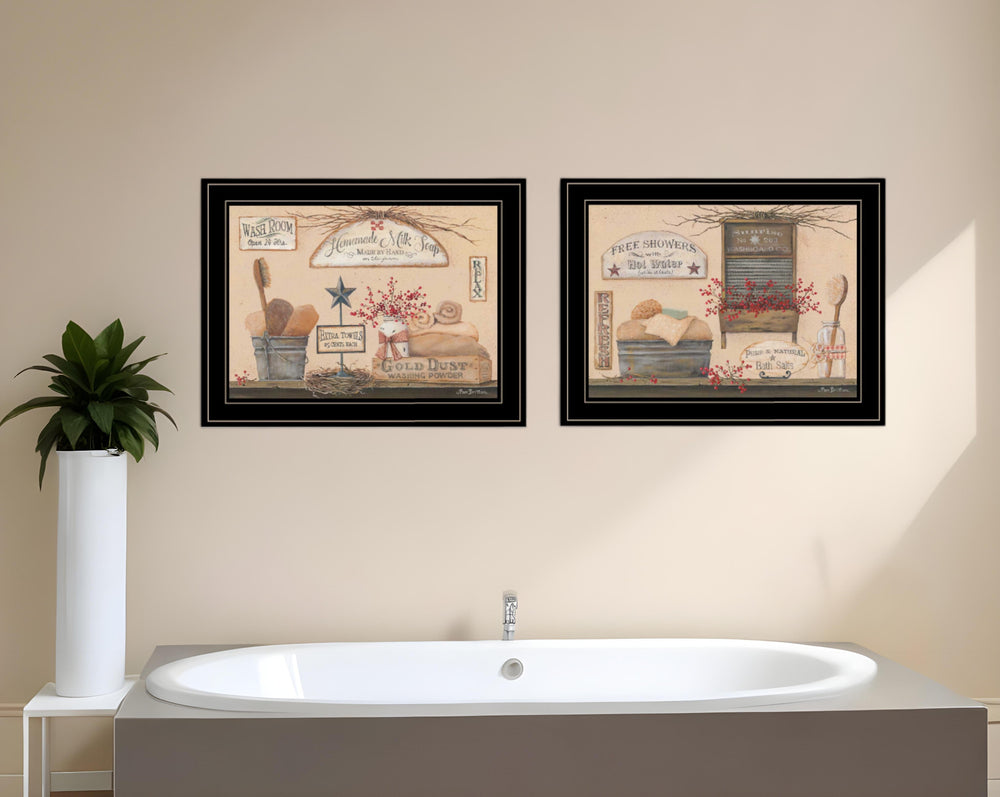 Homeroots Set Of Two Wash Room 5 Black Framed Print Bathroom Wall Art  Paper 407170