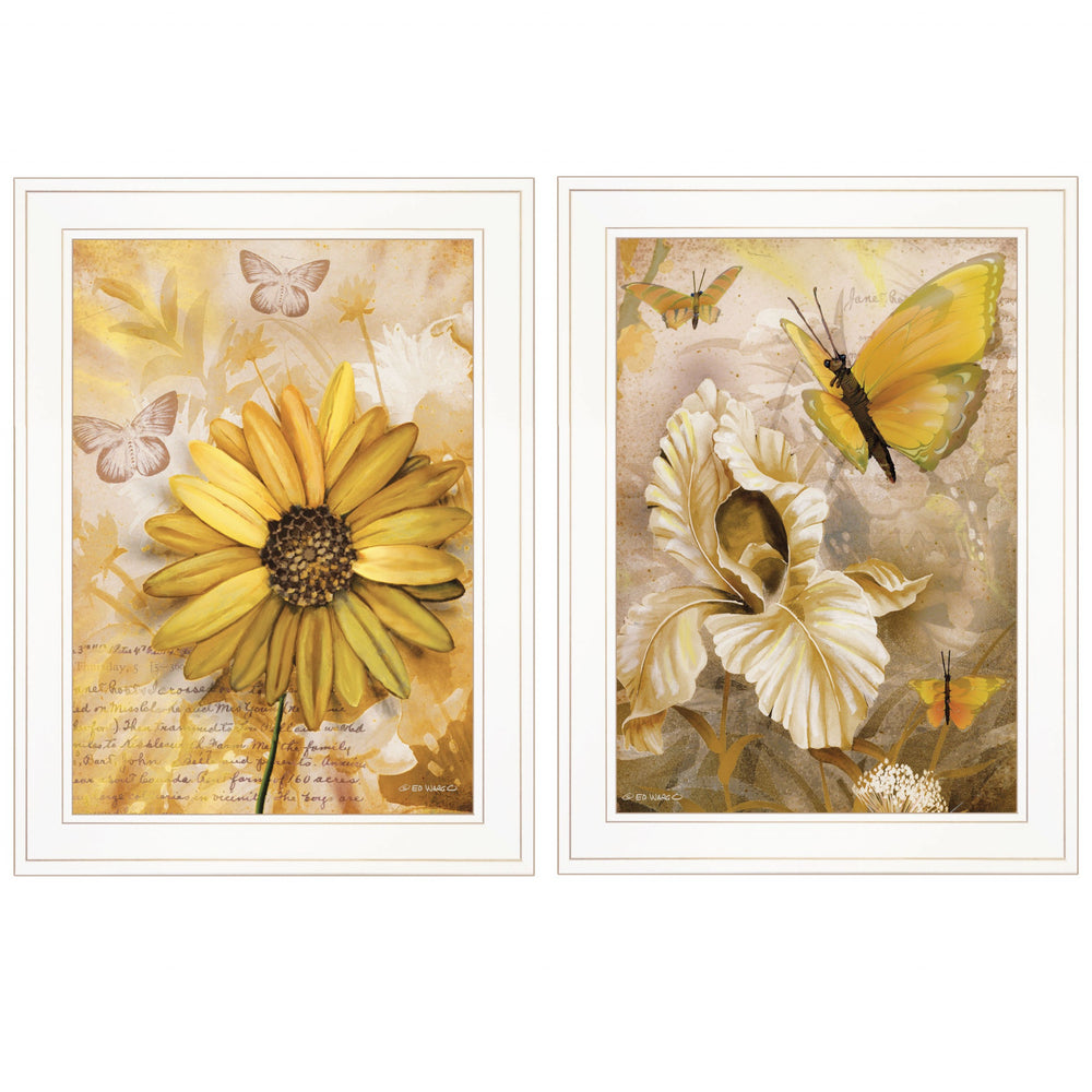 Homeroots Set Of Two Yellow Flowers And Butterflies White Framed Print Wall Art  Paper 407176