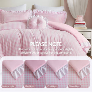 English Elm 4-piece Gingham Ruffle Comforter Set Romantic Cottage Bedroom Brushed Polyester Fill Pink B035P463188