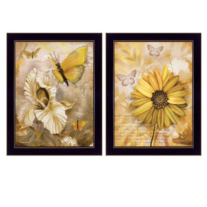 Homeroots Set Of Two Flowers And Butterflies 3 Black Framed Print Wall Art  Paper 407180