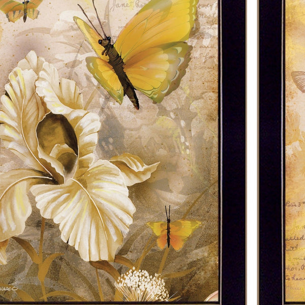 Homeroots Set Of Two Flowers And Butterflies 3 Black Framed Print Wall Art  Paper 407180