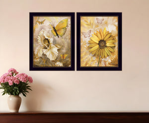 Homeroots Set Of Two Flowers And Butterflies 3 Black Framed Print Wall Art  Paper 407180