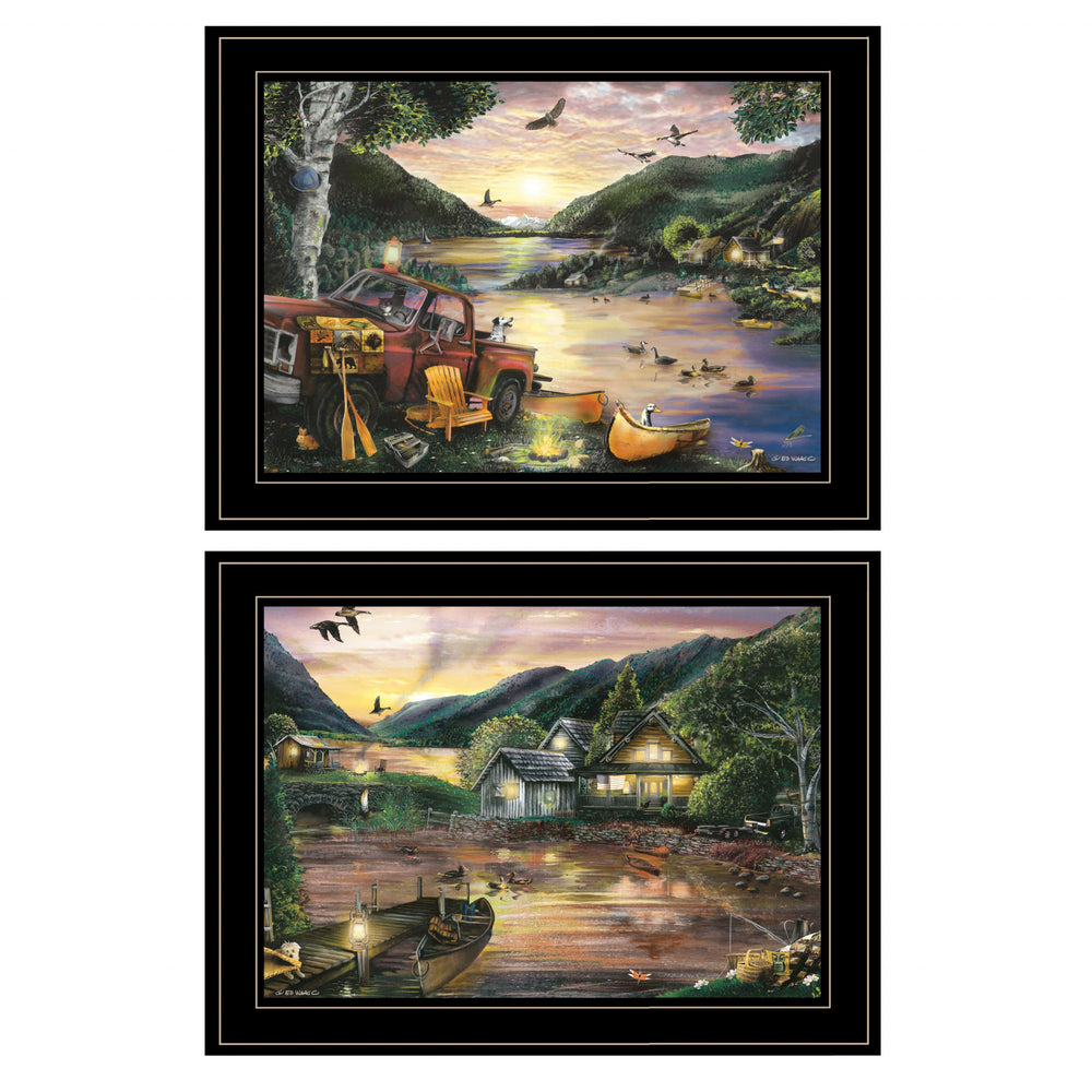 Homeroots Set Of Two Lakefront Camping 2 Black Framed Print Wall Art  Paper 407184