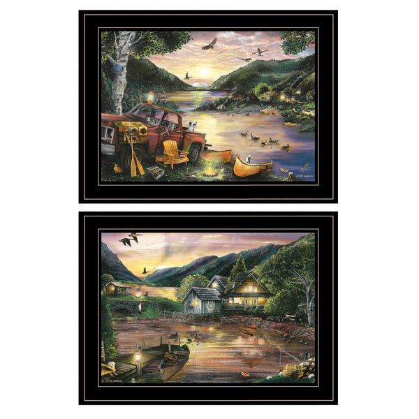 Homeroots Set Of Two Lakefront Camping 2 Black Framed Print Wall Art  Paper 407184