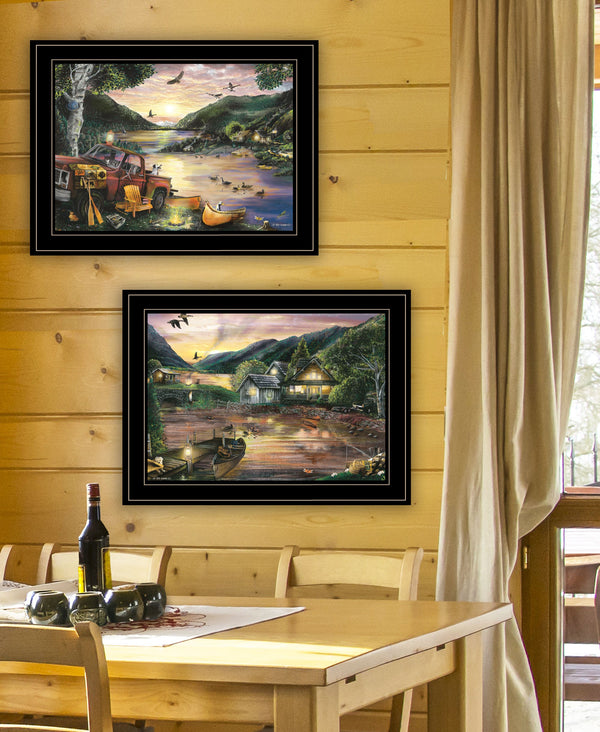 Homeroots Set Of Two Lakefront Camping 2 Black Framed Print Wall Art  Paper 407184