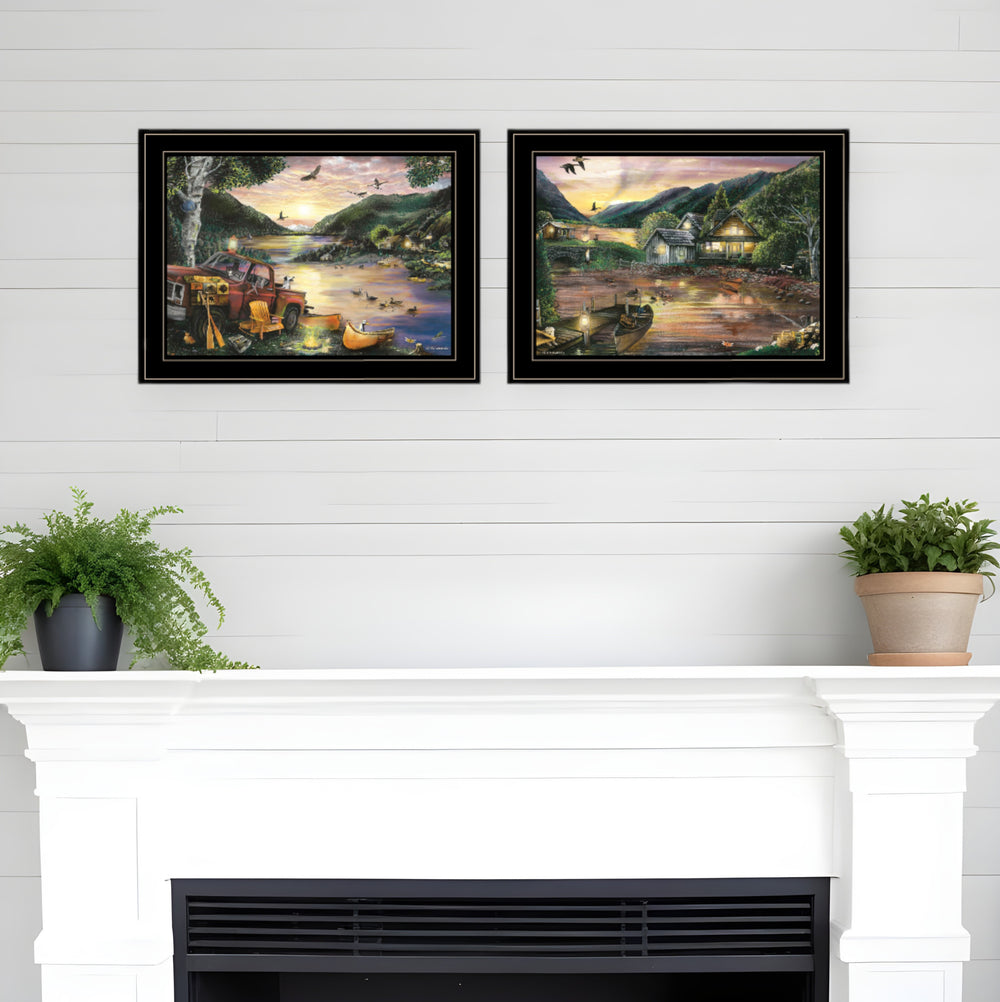 Homeroots Set Of Two Lakefront Camping 2 Black Framed Print Wall Art  Paper 407184