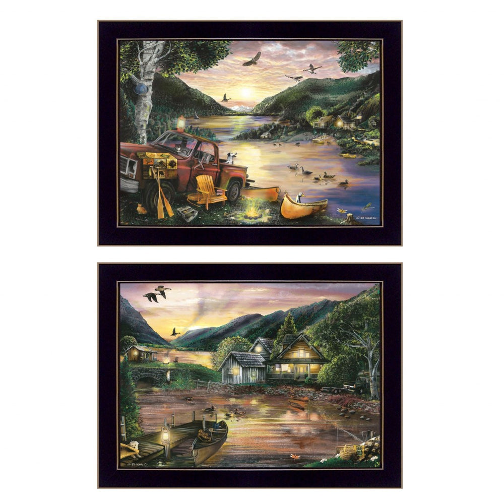 HomeRoots Set of Two Lakefront Camping Prints - Framed Wall Art for Cozy Home Décor & Instant Style Upgrade 407186