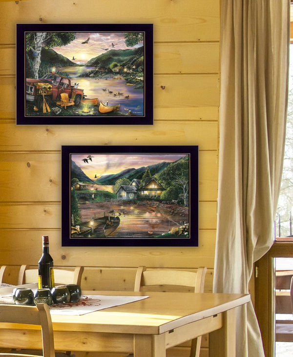 HomeRoots Set of Two Lakefront Camping Prints - Framed Wall Art for Cozy Home Décor & Instant Style Upgrade 407186