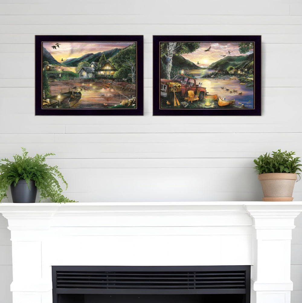 HomeRoots Set of Two Lakefront Camping Prints - Framed Wall Art for Cozy Home Décor & Instant Style Upgrade 407186
