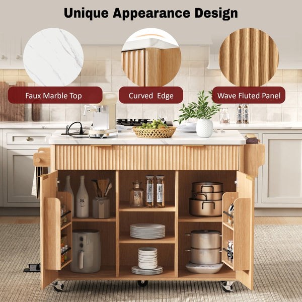 English Elm K&k Fluted Rolling Kitchen Island Faux Marble Top Power Outlet Drop Leaf Storage Natural N707S000019Y