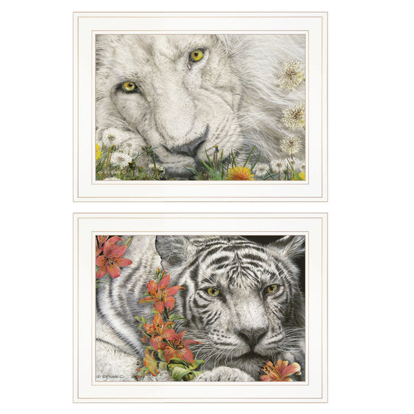 Homeroots Set Of Two Tiger Lily Dandy Lion 1 White Framed Print Wall Art  Paper 407196