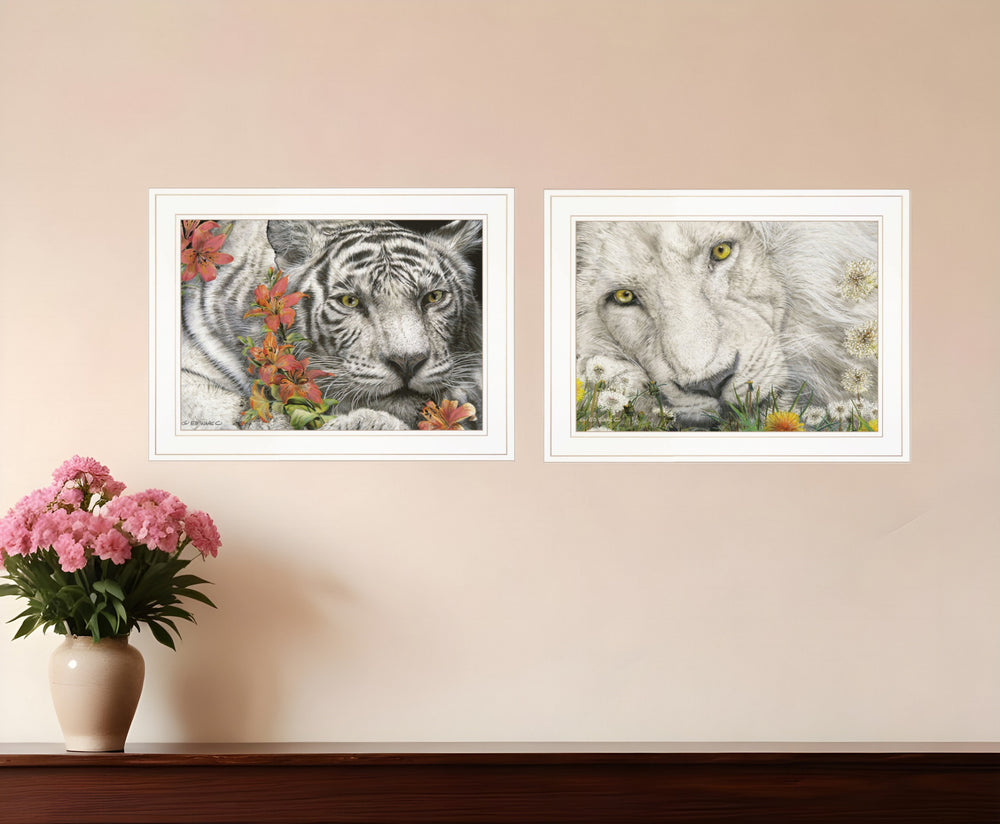 Homeroots Set Of Two Tiger Lily Dandy Lion 1 White Framed Print Wall Art  Paper 407196