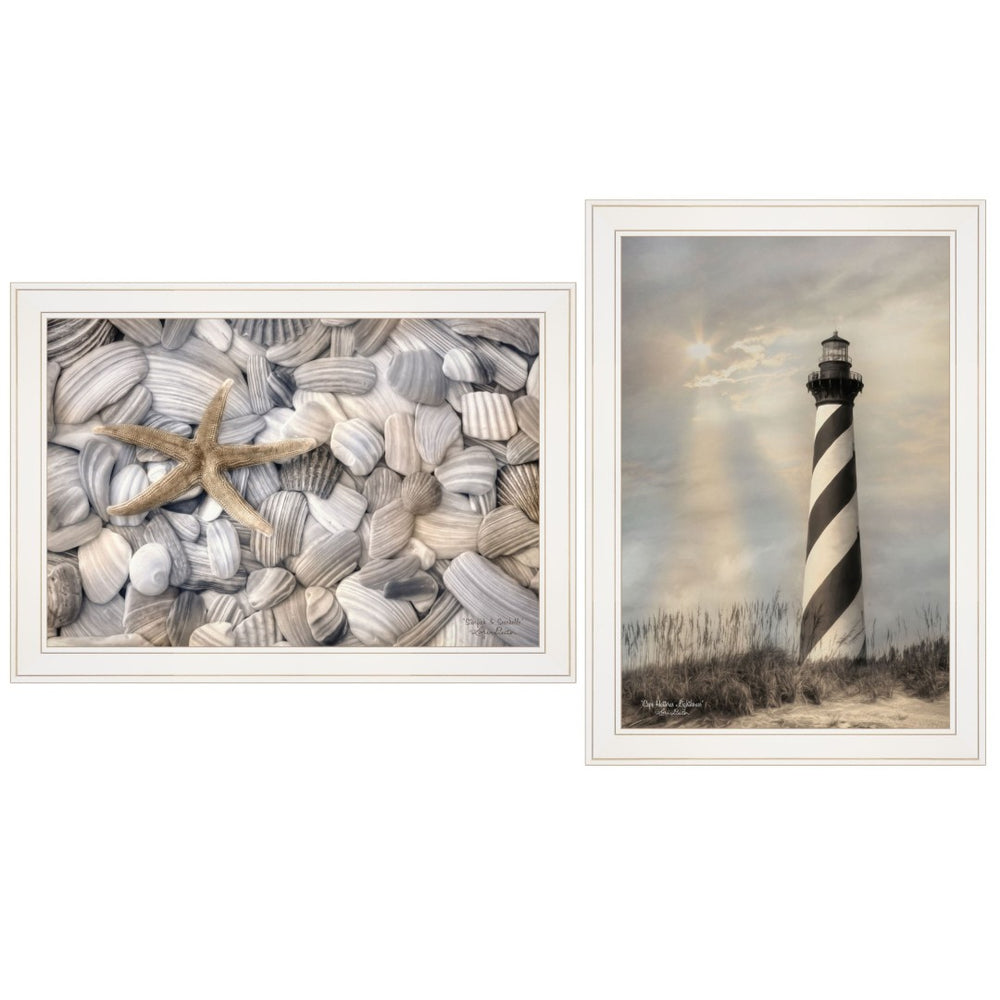 HomeRoots Set of Two Coastal Cape Hatteras Lighthouse & Seashell Framed Prints for Elegant Home Décor 407237