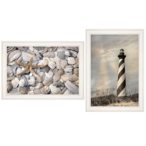 HomeRoots Set of Two Coastal Cape Hatteras Lighthouse & Seashell Framed Prints for Elegant Home Décor 407237