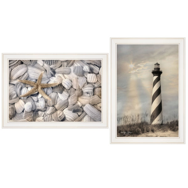 HomeRoots Set of Two Coastal Cape Hatteras Lighthouse & Seashell Framed Prints for Elegant Home Décor 407237