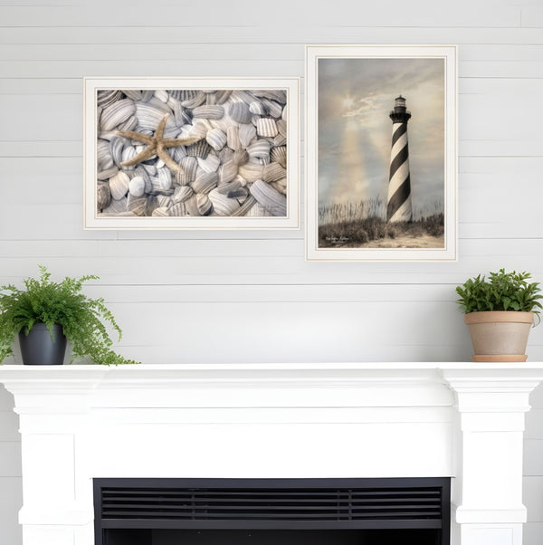 HomeRoots Set of Two Coastal Cape Hatteras Lighthouse & Seashell Framed Prints for Elegant Home Décor 407237