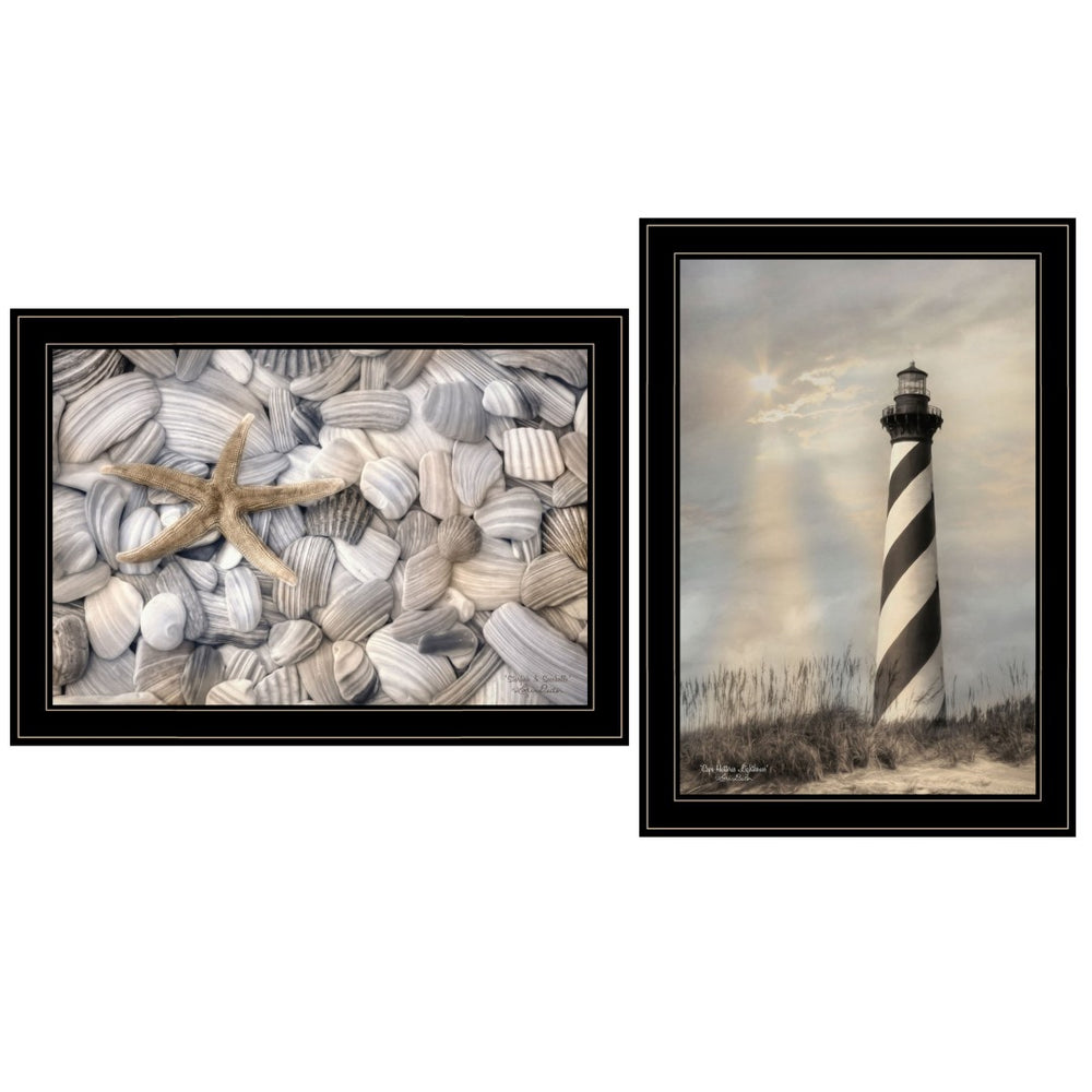 HomeRoots Set of Two Coastal Cape Hatteras Lighthouse & Seashell Black Framed Wall Art Prints for Home Décor 407238
