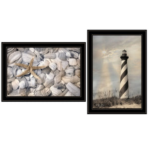 HomeRoots Set of Two Coastal Cape Hatteras Lighthouse & Seashell Black Framed Wall Art Prints for Home Décor 407238