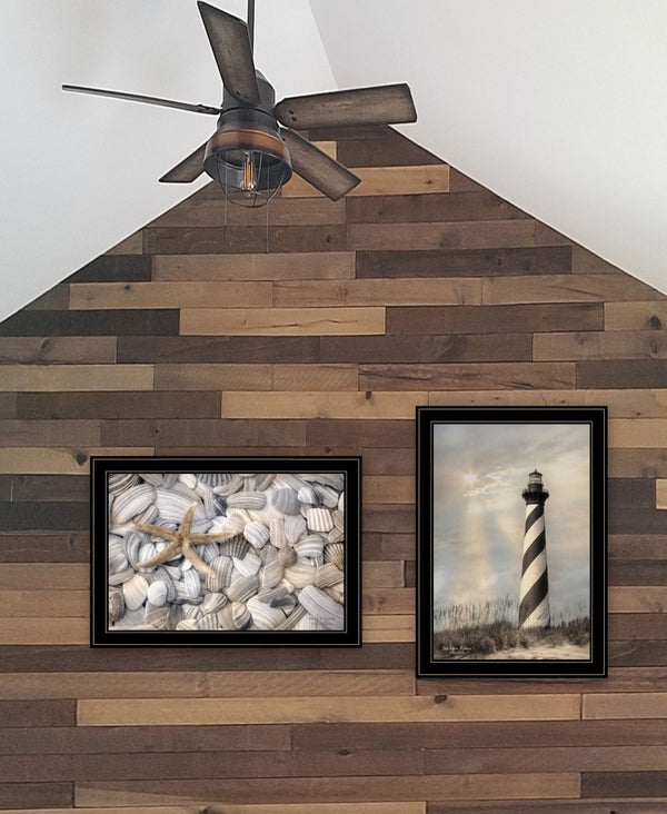 HomeRoots Set of Two Coastal Cape Hatteras Lighthouse & Seashell Black Framed Wall Art Prints for Home Décor 407238