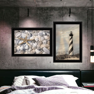 HomeRoots Set of Two Coastal Cape Hatteras Lighthouse & Seashell Black Framed Wall Art Prints for Home Décor 407238