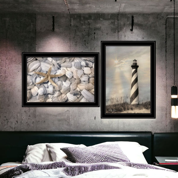 HomeRoots Set of Two Coastal Cape Hatteras Lighthouse & Seashell Black Framed Wall Art Prints for Home Décor 407238