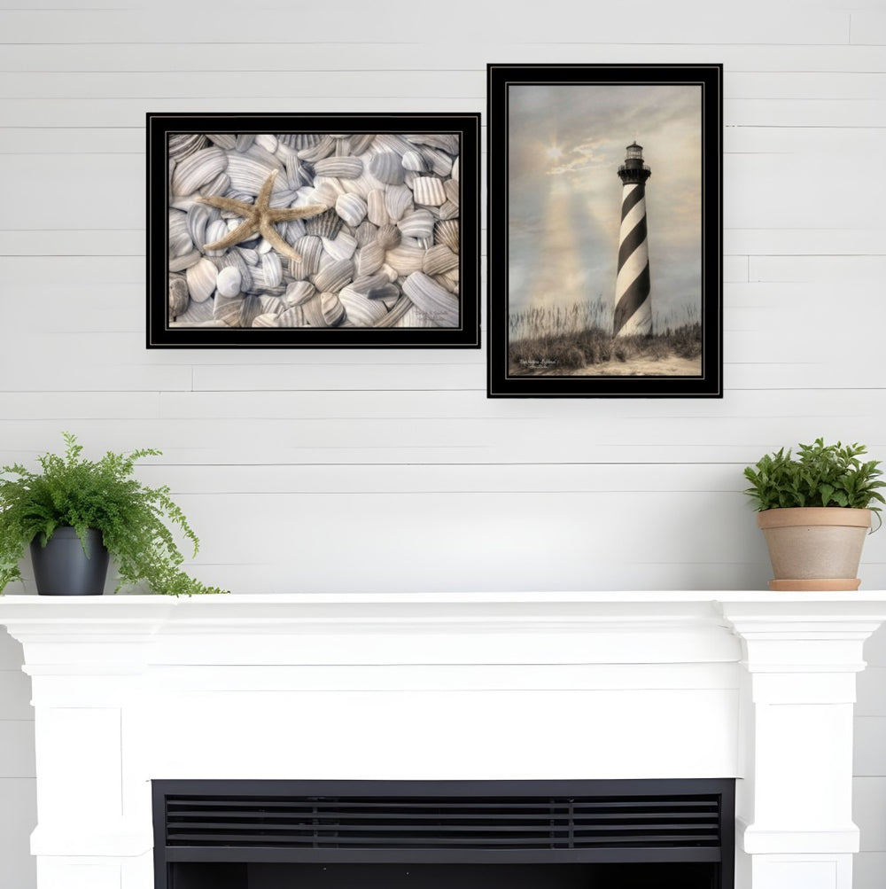 HomeRoots Set of Two Coastal Cape Hatteras Lighthouse & Seashell Black Framed Wall Art Prints for Home Décor 407238