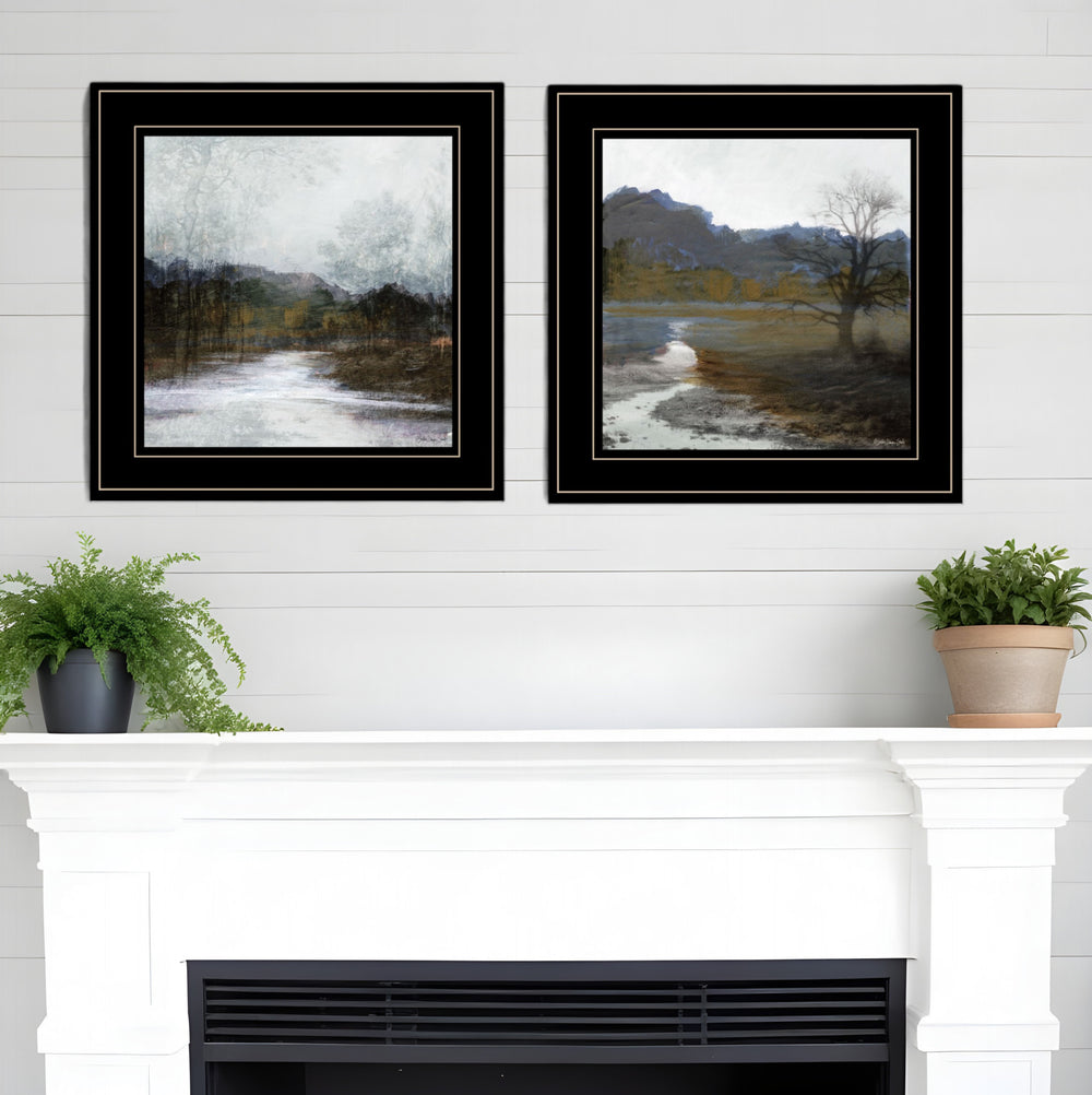 Homeroots Set Of Two Winter Landscape 2 Black Framed Print Wall Art  Paper 407260