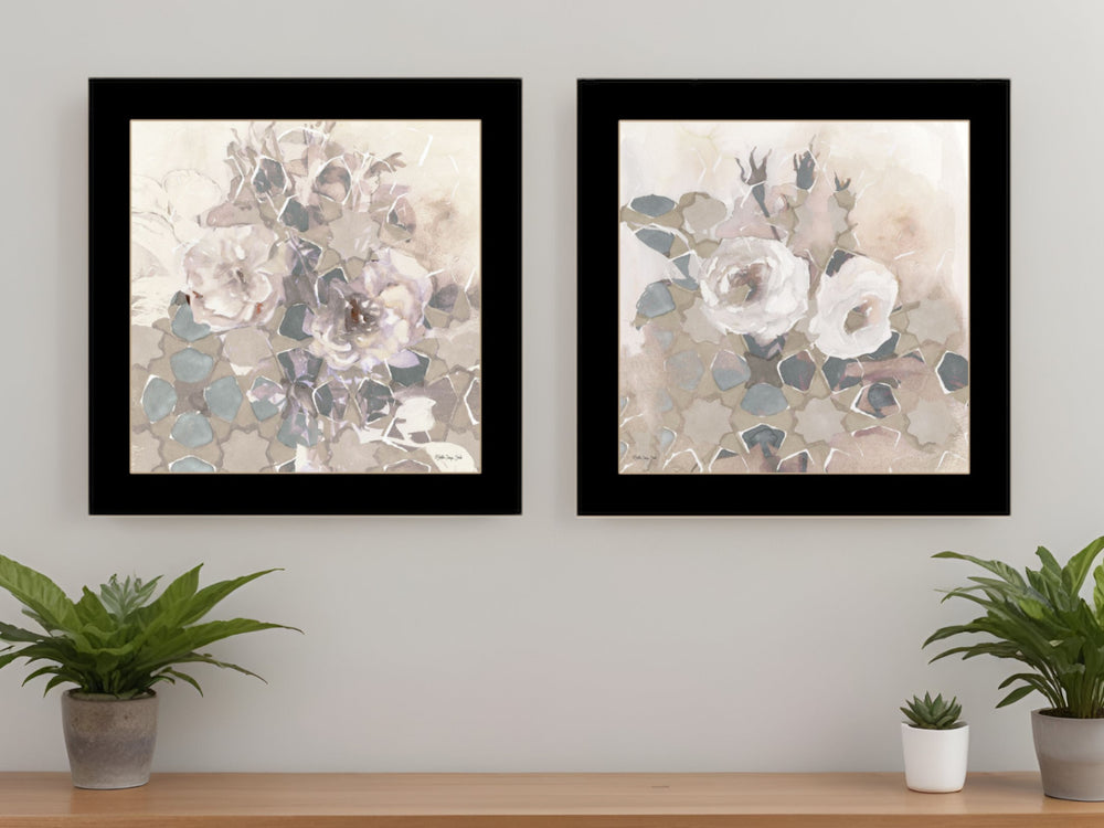Homeroots Set Of Two Transitional Blooms 3 Black Framed Print Wall Art  Paper 407267