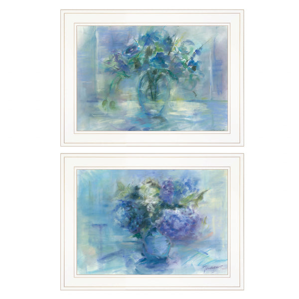 Homeroots Set Of Two Susies Blue Bouquet 1 White Framed Print Wall Art  Paper 407271